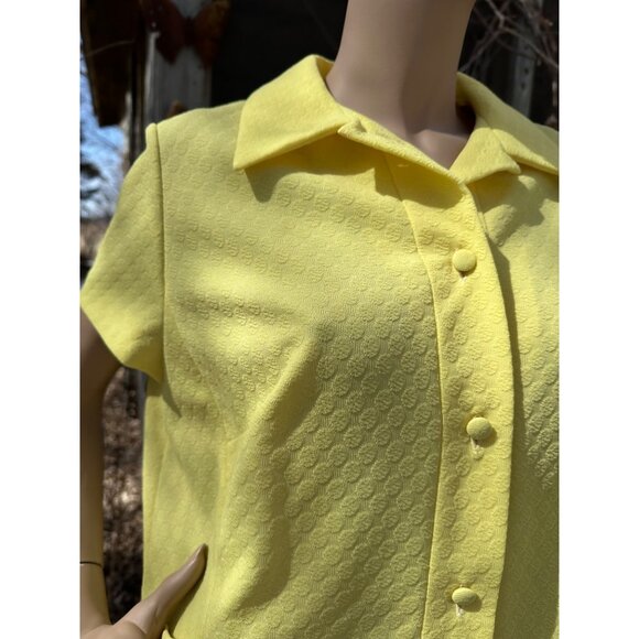 60s Mod Mini Dress Sunshine Yellow Schapira Embossed Print 1/4 Button Up - Picture 7 of 12
